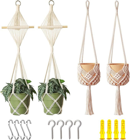 4 Pack Macrame Plant Hangers Indoor Up to 10 inch Pot, Boho Hanging Planters, Plant Holder with 8Pcs Stainless Steel Hooks