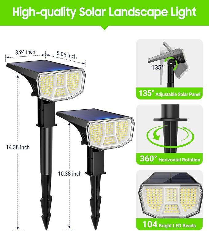 LETMY 6 Pack Solar Spot Lights Outdoor, 104 LED Solar Spotlights, IP65 Waterproof Solar Powered Outdoor Lights, Auto On/Off, Solar Lights Outdoor for Yard, Garden, Patio, Wall, Tree & Flag, Cool White