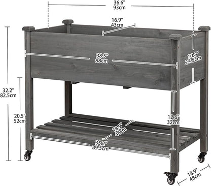 Raised Garden Bed with Lockable Wheels, 40x24x32 inch Elevated Wood Planter with Storage Shelf Protective Liner for Vegetable Flower Herb Outdoor Balcony Patio Backyard, Grey