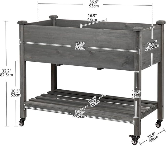 Raised Garden Bed with Lockable Wheels, 40x24x32 inch Elevated Wood Planter with Storage Shelf Protective Liner for Vegetable Flower Herb Outdoor Balcony Patio Backyard, Grey