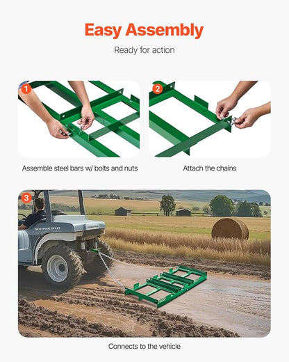 VEVOR Drag Harrow, 4 ft Heavy Duty Tow Behind Drag Harrow with Adjustable Bars & 72 in Chain, Driveway Grader Landscape Rake for ATV, UTV, Tractor, Mower Tow Behind Yard Lawn Leveling Tool
