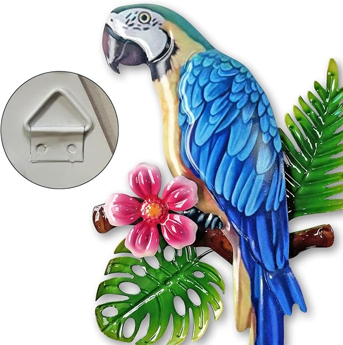 Limygus 3 Pcs Tropical Vivid Parrots on Branch Metal Wall Art, Indoor Outdoor Hanging Decor for Garden Fence Patio Courtyard