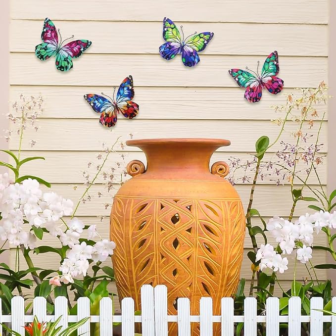 dreamskip 4 Pcs Metal Butterfly Wall Decor Art, Colorful Butterflies Outdoor Wall Art, Hand Craft Outdoor Garden Decor For Fence, Patio, Yard Decoration