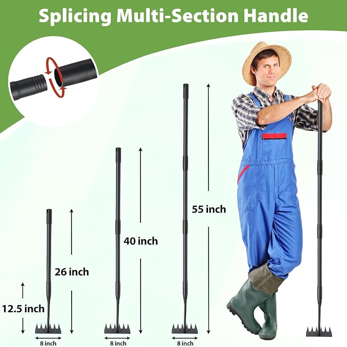 Manual Weeder Tool,6 Tines Garden Weeding Rake with Sharp Blade,55 Inch Long Handle,Heavy Duty Stand Weeding Tool for Weeding Loosening Soil Gathering Leaf Leveling Thatch Rake