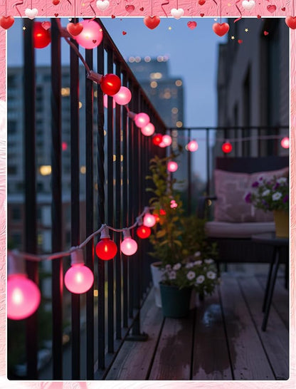 LED Valentine’s Day String Lights, 25Ft Valentines Decorations Outdoor | 25+2 G40 Round Bulbs, Connectable, Shatterproof Hanging Indoor Fairy Lights for Wedding Date Patio, Frosted Red Pink