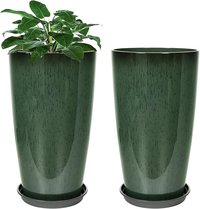 Neoaider Set of 2 Tall Planter, 21 inch Large Plastic Planter, Dark Green | Ceramic-Look, Lightweight, Built-in Drain Hole, Saucers, Tall Outdoor Planter for Porch, Garden, Patio, Balcony
