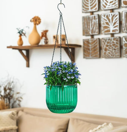 Melphoe 2 Pack Self Watering Hanging Planters Indoor Flower Pots, 6.5 Inch Outdoor Hanging Basket, Plant Hanger with 3Hooks Drainage Holes for Garden Home (Emerald)