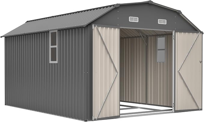 YOPTO 10×12 FT Outdoor Storage Shed,Heavy-Duty Metal Shed with Floor Base,All Weather Waterproof Tool Shed W/Diamond Roof & Windows,Lockable Double Door & 4 Air Vents,for Backyard,Patio,Lawn,Gray