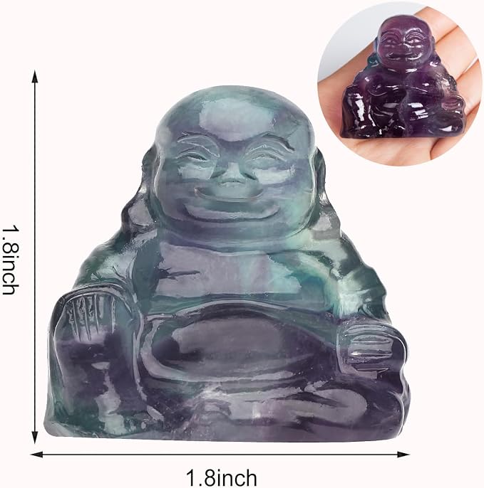 Rainbow Fluorite Crystal Laughing Buddha Statue Meditation Decor Spiritual Art Piece Healing Stone Figurine Zen Altar Sculpture Feng Shui Gift Yoga Space Ornament Peaceful Home Temple Collectible