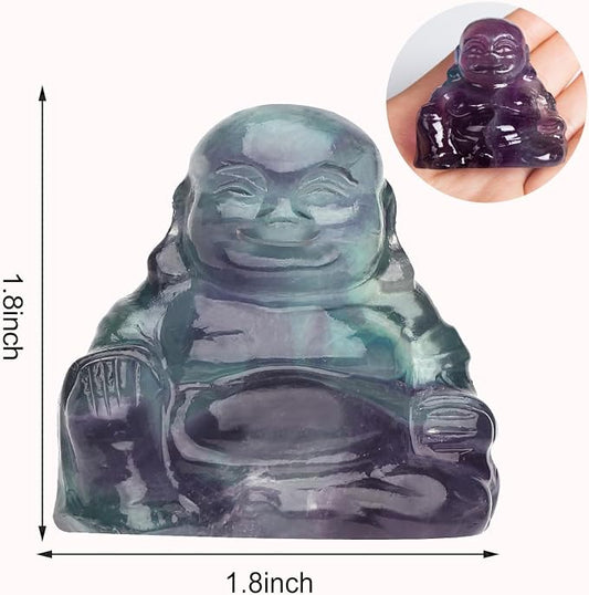 Rainbow Fluorite Crystal Laughing Buddha Statue Meditation Decor Spiritual Art Piece Healing Stone Figurine Zen Altar Sculpture Feng Shui Gift Yoga Space Ornament Peaceful Home Temple Collectible