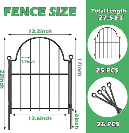 Blingluck Decorative Garden Fence, 17 in(H) x 27.5 ft(L) Arched Rustproof Metal No Dig Garden Fence Border,Ground Stake Animal Barrier Fence, Outdoor Decor for Yard & Patio,25 Pack
