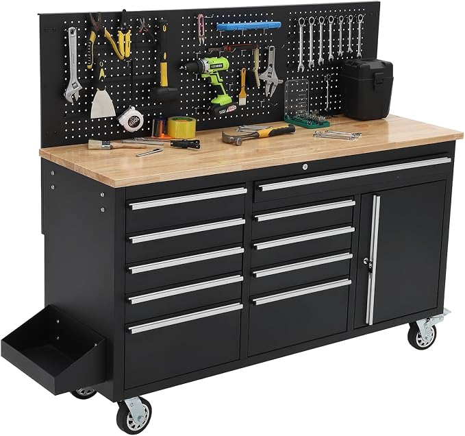 61" Rolling Tool Chest Workbench with 10-Drawers & Solid Rubber Wood Top, Mobile Heavy Duty Tool Storage Cabinet with Lock, Casters, Drawer Liner & 1675 LBS Load Capacity, Includes Power Strip