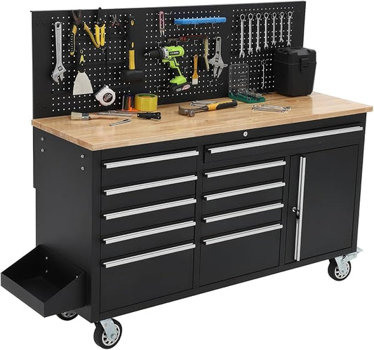 61" Rolling Tool Chest Workbench with 10-Drawers & Solid Rubber Wood Top, Mobile Heavy Duty Tool Storage Cabinet with Lock, Casters, Drawer Liner & 1675 LBS Load Capacity, Includes Power Strip