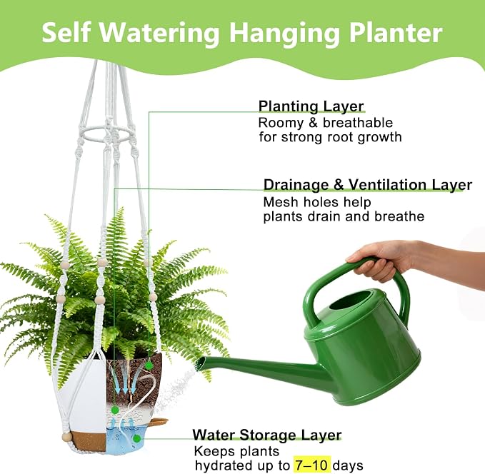 2 Pack Self Watering Hanging Planters with Grow Light for Indoor Plants | 10 Brightness, 3 Light Modes, 3/9/12H Timer, Built-In Reservoir, Drainage Holes, 8 in Pots