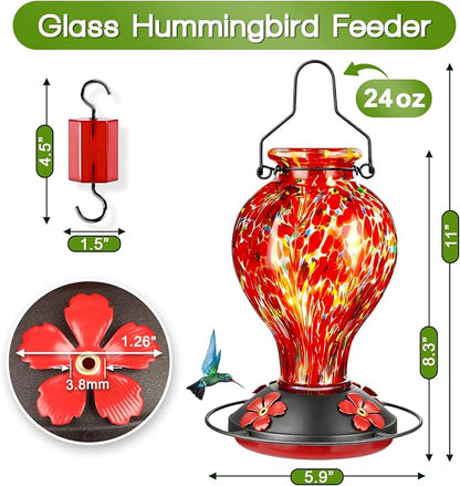 Hand Blown Glass Hummingbird Feeders for Outdoors Hanging, 24oz Wild Bird Nectar Feeder with Ant Moat and Perch, Bee-Resistant Ports, Garden Decor, Gifts for Women Mom, 1 Pack, Red Polka Dots
