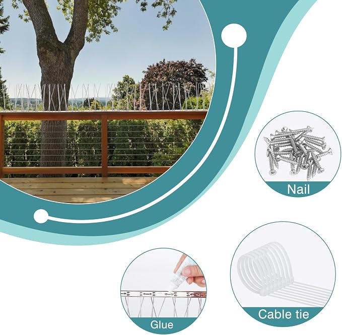 Bird Spikes with Stainless Steel Base Bird Deterrent Spikes | Outdoor Use, for Small Bird Pigeons Crows and Woodpeckers Fence Roof and Wall
