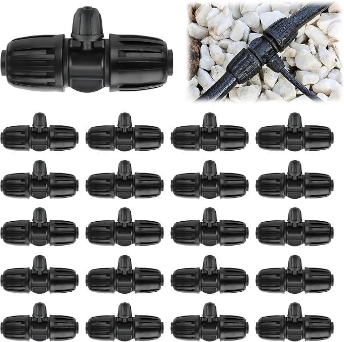 Kalolary 20PCS Locked Barbed Tee Connectors, 1/2” to 1/4” Drip Irrigation Fittings Kit 12/16mm to 4/7mm Tube Lock Female Connector 3-Way Barbed Lock Irrigation Parts for Watering System (Black)