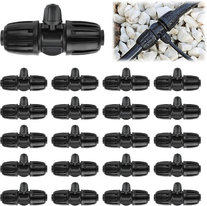 Kalolary 20PCS Locked Barbed Tee Connectors, 1/2” to 1/4” Drip Irrigation Fittings Kit 12/16mm to 4/7mm Tube Lock Female Connector 3-Way Barbed Lock Irrigation Parts for Watering System (Black)