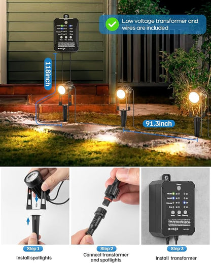 HIBOITEC Low Voltage Landscape Lighting with Transformer Photocell Sensor and Timer Spotlights Kit 56FT ETL Approved Wire 2700K 6 Packs