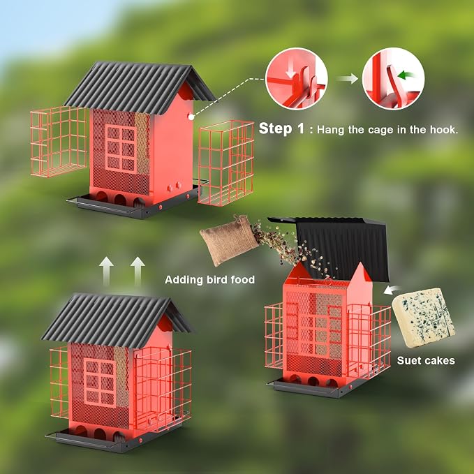 FlowaFoli Bird Feeders for Outdoors Hanging, Metal Bird Feeder with Double Suet Cage Cake, Large Capacity, Birdfeeders Sturdy & Weatherproof, Easy to Clean & Refill, Great for Attracting Wild Birds