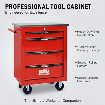 4-Drawer Rolling Tool Chest, Lockable Stainless Worktop for Garage, Red | Heavy Duty Metal Tool Cabinet with Drawers on Wheels for Warehouse and Workshop Storage