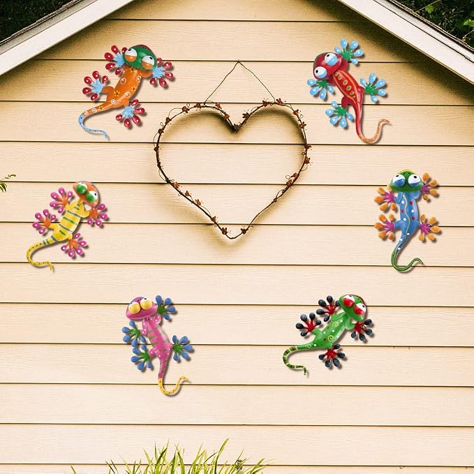 YEAHOME 6 Pack Metal Geckos Inspirational Wall Art, Mexican Outdoor Wall Decor with Shaking Head, Lizard Wall Sculptures & Statues for Farmhouse, Porch, Patio, Lawn, Fence