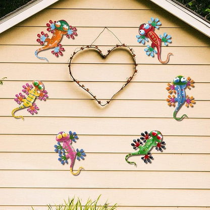 YEAHOME 6 Pack Metal Geckos Inspirational Wall Art, Mexican Outdoor Wall Decor with Shaking Head, Lizard Wall Sculptures & Statues for Farmhouse, Porch, Patio, Lawn, Fence
