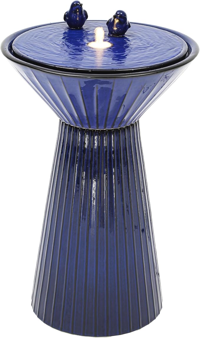 AUTODAYA 28" Ceramic Outdoor Water Fountain LED Birdbath, Cobalt Blue | reactive glaze finish, bird accents, patio garden porch Backyard