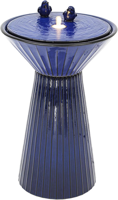 AUTODAYA 28" Ceramic Outdoor Water Fountain LED Birdbath, Cobalt Blue | reactive glaze finish, bird accents, patio garden porch Backyard