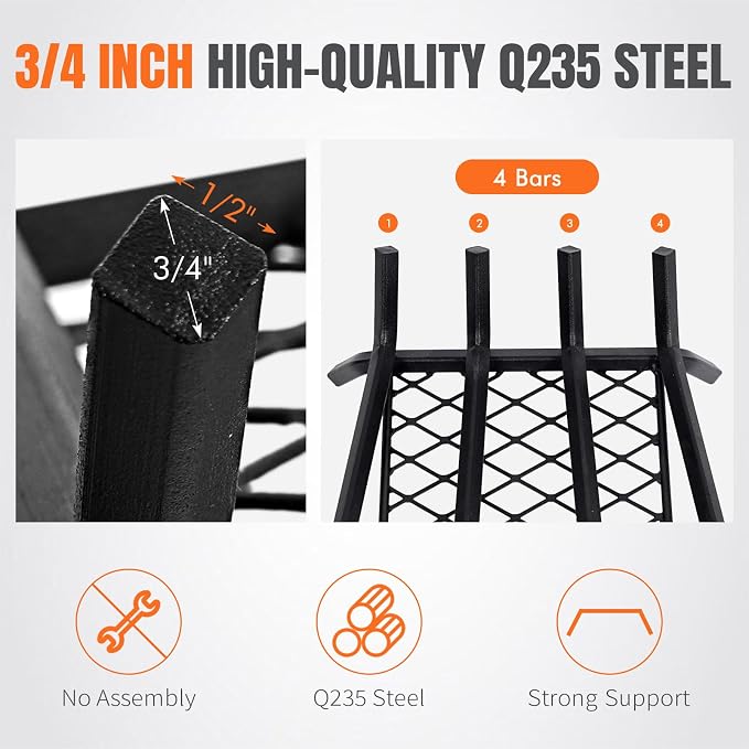 INNO STAGE Fireplace Grates with Ember Retainer - 14 Inch Fireplace Log Grate, Firewood Wood Log Holder Rack,Inside Wrought Cast Iron Fire Grate for Hearth Indoor Outdoor Camping