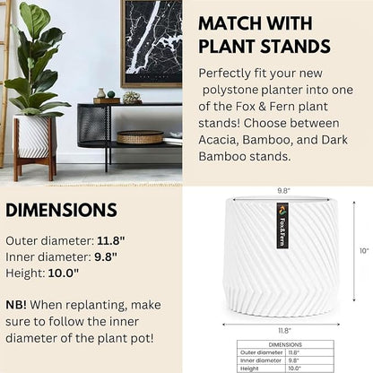 Fox & Fern Large Indoor Planter, Modern Large Plant Pot for Indoor or Outdoor, UV and Frost Resistant - 12 Inch, Matte White Flower Pot with Drainage Plug, 3D Printed Design