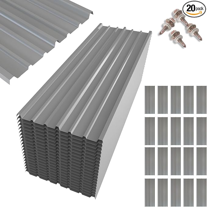 NeatiEase 20 Pcs Metal Roofing Panels, 5.1 Feet Corrugated Galvanized Roofing Panels Metal Siding Panels with Steel Screws for Pergola, Gazebo, Shed, Outdoor Storage, Chicken Coop, Patio,Garages