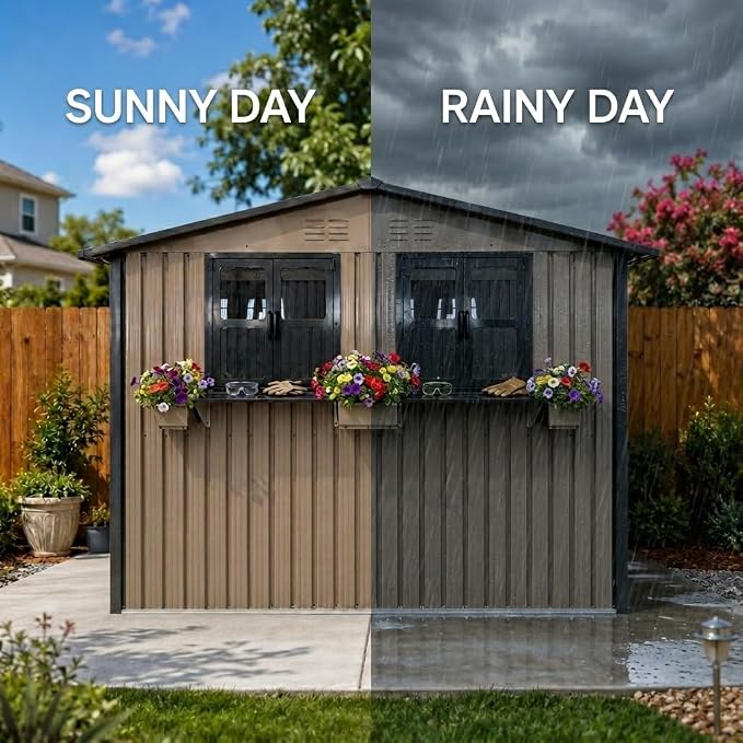6x9 FT Outdoor Storage Shed with 2 Clear Openable Windows,Waterproof Metal Building Backyard Shed w/Windowsill & Garden Bed Flower Rack,Lockable Double Doors Tool Shed,for Yard,Brown
