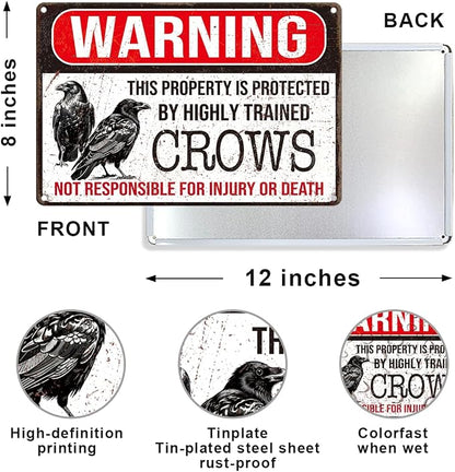 Funny Crow Metal Tin Signs,This Property Is Protected By Highly Trained Crows Private Property Warning Sign,Vintage Wall Art for Home Yard Garden Outdoor Wall Decor