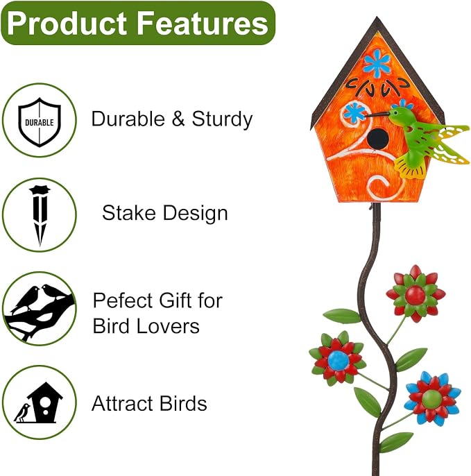 51” Metal Bird Houses Stake for Outside Hummingbird Design | Metal Wild Birdhouse, 5 Pronged Garden Stake Pole, Outdoor Decorations for Patio, Backyard, Garden