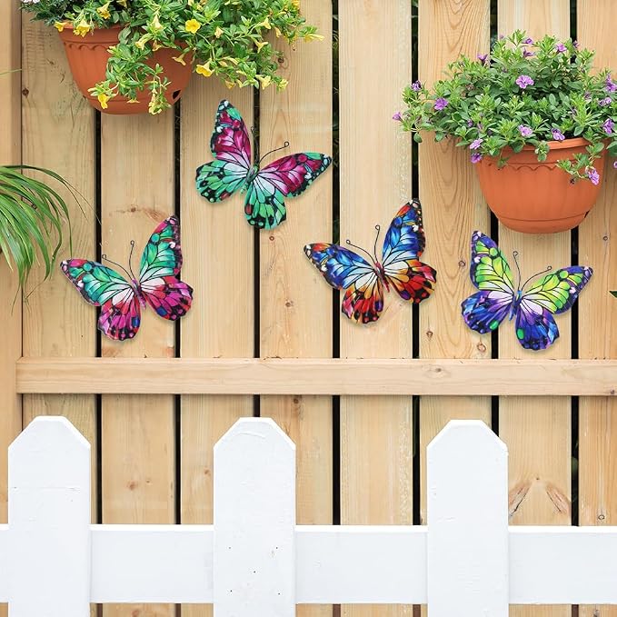 dreamskip 4 Pcs Metal Butterfly Wall Decor Art, Colorful Butterflies Outdoor Wall Art, Hand Craft Outdoor Garden Decor For Fence, Patio, Yard Decoration