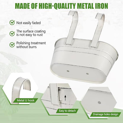 OBTANIM 4 Pack Metal Hanging Flower Pots Iron Railing Planter Outdoor Fence Hanging Pots Bucket Plant Holder with Detachable Hooks Drain Holes for Home Garden Yard Decor (White)
