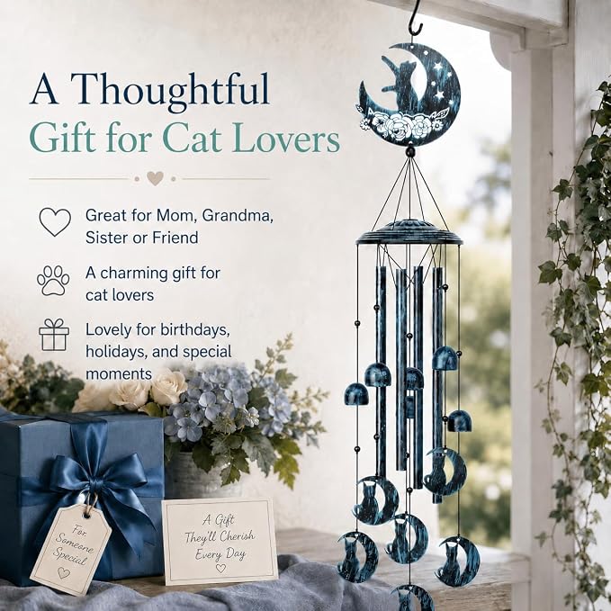 LESES Wind Chimes, Cat Memorial Wind Chime for Outside Cat Lover Gifts for Women Grandma, 35" Sympathy Wind Chimes Outdoor Clearance Home Garden Decoration Windchimes for Yard, Patio