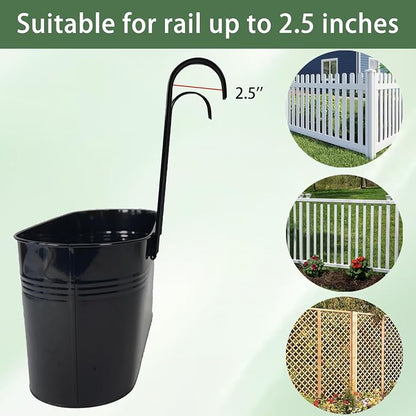 Hanging Planters for Outdoor Plants, 17" Railing Planter Pots, Metal Fence Flower Pot for Porch Balcony with Detachable Hook (Black, Pack of 6)
