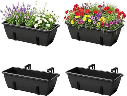 OYEAL Railing Planter Box 4 Pack Window Boxes Planters with Adjustable Brackets 17 Inch Hanging Planters for Outdoor Plants Flower Boxes for Balcony Fence Deck Railing Porch Over Rail, Black