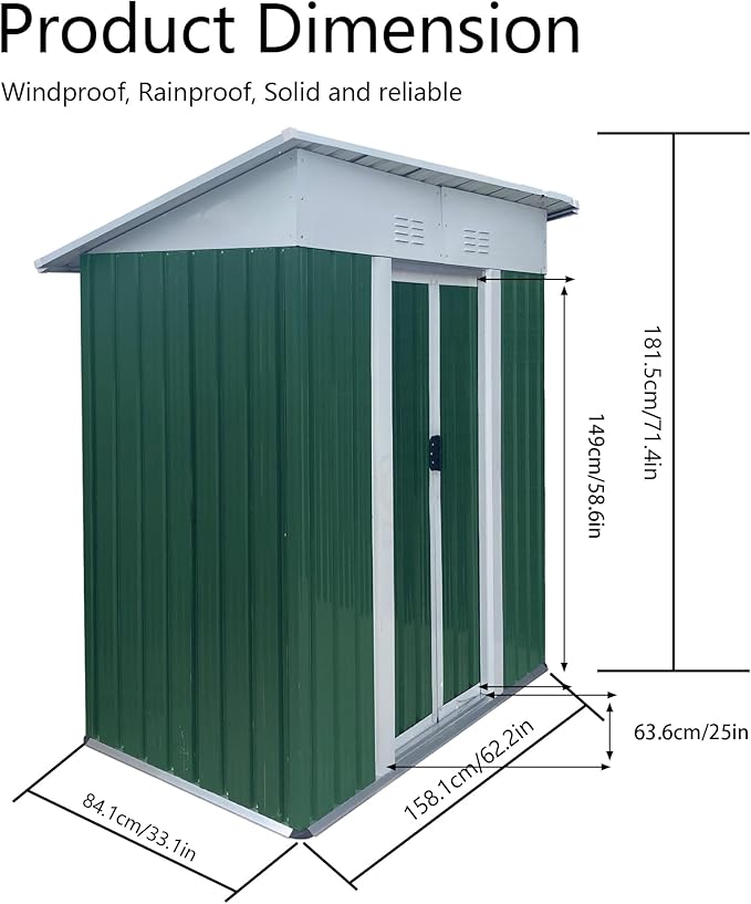 YOPTO 5X3 FT Outdoor Storage Sheds,Metal Small Mini Sheds with Pent Roof and Sliding Door, Garden Tool House W/Lockable Door & Vents,Waterproof Kit for Backyard Lawn Barbeque Bike,Green