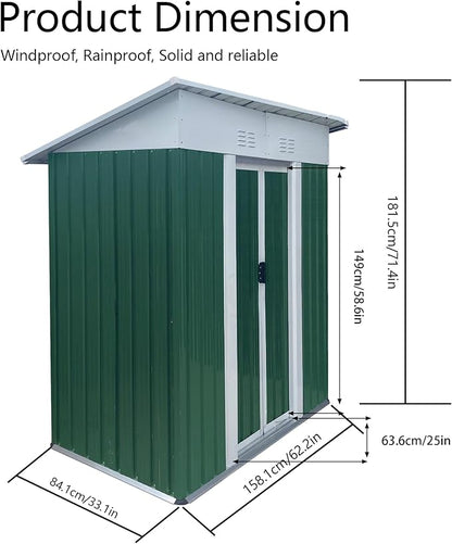 YOPTO 5X3 FT Outdoor Storage Sheds,Metal Small Mini Sheds with Pent Roof and Sliding Door, Garden Tool House W/Lockable Door & Vents,Waterproof Kit for Backyard Lawn Barbeque Bike,Green
