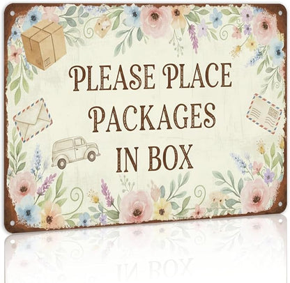 Garden Decor Delivery Sign Please Place Packages in Box Porch Decor | Homeowners • Front Door Display • Garden Theme • Floral Rustic Style • UV Printed • 8x12 Inch