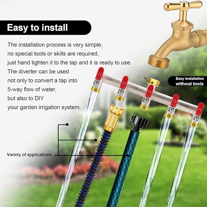 5 Way Garden Hose Splitter, Heavy Duty Brass Nickel Plated Rust Resistant Faucet Manifold, 3/4" Frost Resistant Outdoor Hose Adapter Connector，Hose Spigot Adapter with 5 large red handles