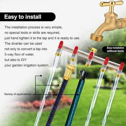 5 Way Garden Hose Splitter, Heavy Duty Brass Nickel Plated Rust Resistant Faucet Manifold, 3/4" Frost Resistant Outdoor Hose Adapter Connector，Hose Spigot Adapter with 5 large red handles