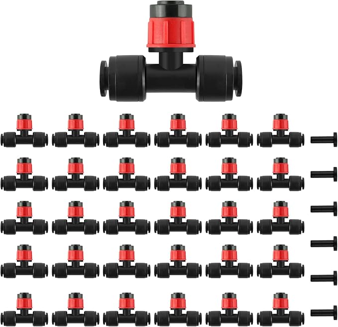 Kalolary 30Pcs Push-to-Fit Drip Irrigation Emitters for 1/4" Tubing, Adjustable 360 Degree Vortex Drip Emitters Irrigation Dripper Sprinklers with 6PCS End Plugs for Garden Irrigation System(Red)