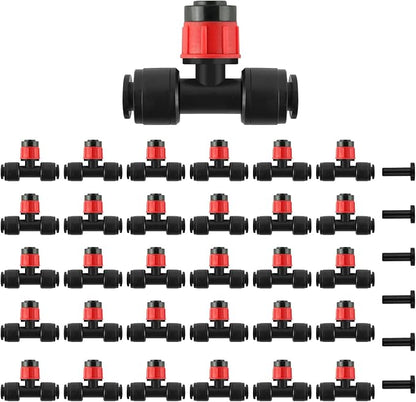 Kalolary 30Pcs Push-to-Fit Drip Irrigation Emitters for 1/4" Tubing, Adjustable 360 Degree Vortex Drip Emitters Irrigation Dripper Sprinklers with 6PCS End Plugs for Garden Irrigation System(Red)