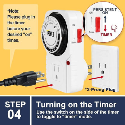 iPower 24 Hour Plug-in Mechanical Electric Outlet Timers Switch Programmable Indoor, Accurate Heavy Duty 3-Prong for Lamps Fans Christmas String Lights, AC 1725W 1/2 HP, UL Listed