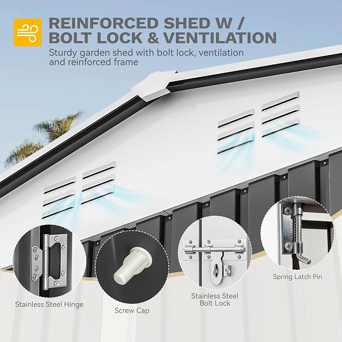 DWVO 12x8ft Metal Outdoor Storage Shed with Window, Lockable Tool Storage Sheds, Oversized Steel Garden Sheds with Sloped Roof for Backyard, Patio, Garage, Lawn, Gray & White