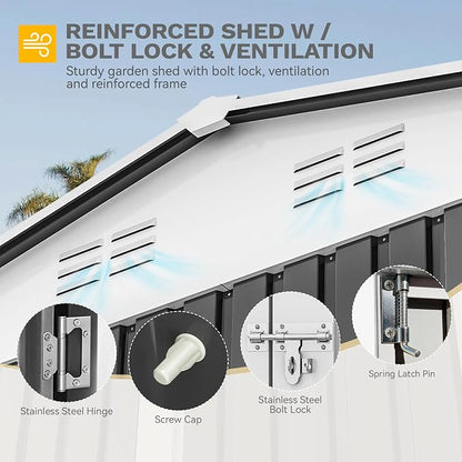 DWVO 12x8ft Metal Outdoor Storage Shed with Window, Lockable Tool Storage Sheds, Oversized Steel Garden Sheds with Sloped Roof for Backyard, Patio, Garage, Lawn, Gray & White